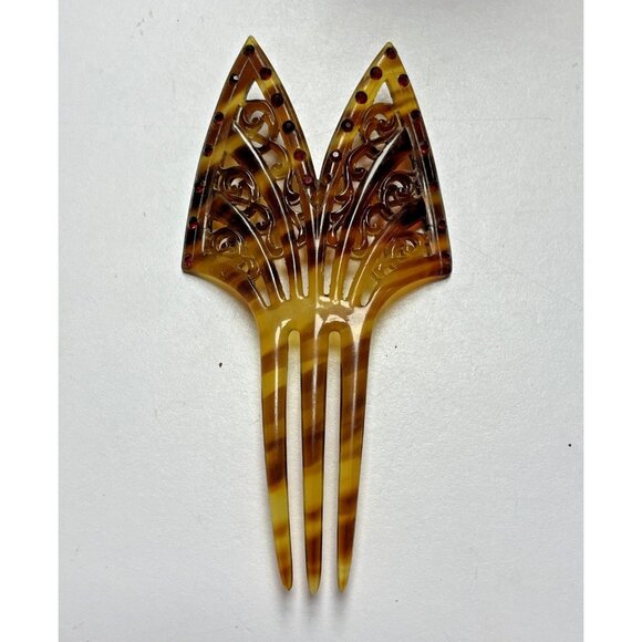 Vintage Art Deco Faux Tortoise Hair Comb Red Rhinestone Ornate Open Work
